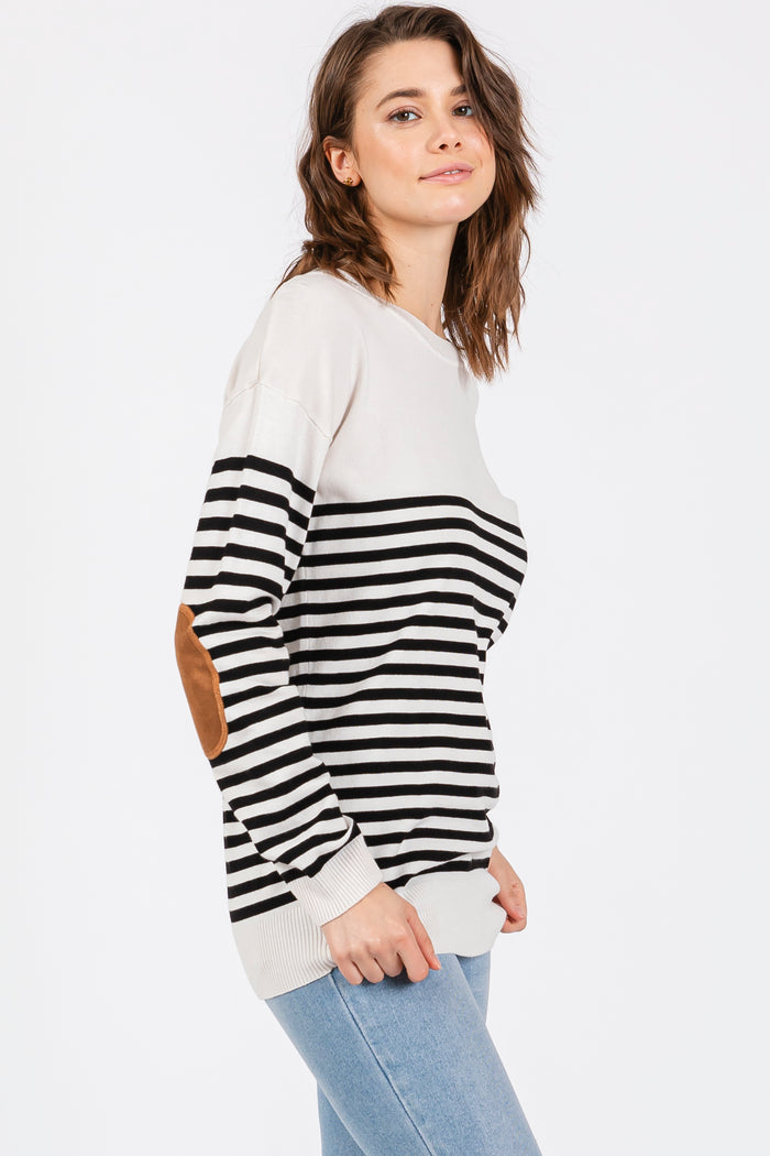 White Striped Elbow Patch Knit Sweater