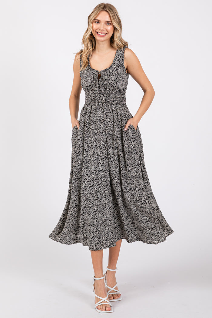 Black Floral Sleeveless Smocked Waist Maternity Midi Dress