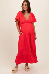 Coral Deep V-Neck Flutter Sleeve Tiered Maternity Midi Dress