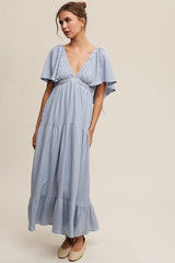 Light Blue Deep V-Neck Flutter Sleeve Tiered Maternity Midi Dress