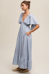 Light Blue Deep V-Neck Flutter Sleeve Tiered Midi Dress