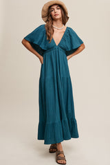 Emerald Deep V-Neck Flutter Sleeve Tiered Maternity Midi Dress