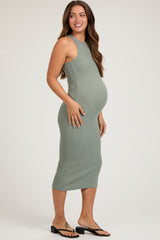 Sage Sleeveless Ribbed Fitted Maternity Midi Dress