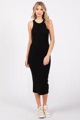 Black Sleeveless Ribbed Fitted Maternity Midi Dress