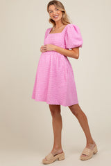 Pink Textured Bubble Sleeve Maternity Mini Dress