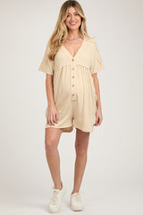 Beige Button Down Maternity Romper