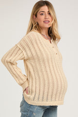 Cream Open Knit Front Button Maternity Sweater