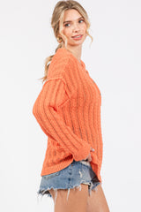 Coral Open Knit Front Button Sweater