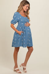 Blue Floral Embroidered Button Front Short Sleeve Maternity Dress