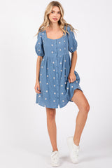 Blue Floral Embroidered Button Front Short Sleeve Dress