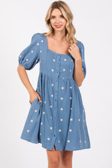 Blue Floral Embroidered Button Front Short Sleeve Dress