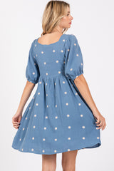 Blue Floral Embroidered Button Front Short Sleeve Dress