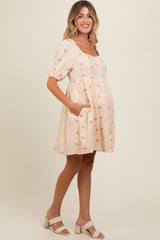 Beige Floral Embroidered Button Front Short Sleeve Maternity Dress