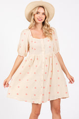 Beige Floral Embroidered Button Front Short Sleeve Maternity Dress