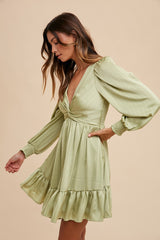 Mint Green Striped Satin Twist Front Dress