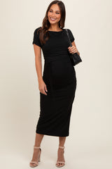 Black Boat Neck Side Ruched Waist Tie Maternity Midi Dress