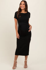 Black Boat Neck Side Ruched Waist Tie Maternity Midi Dress