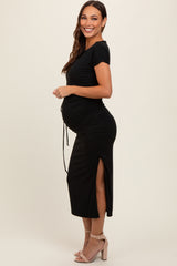 Black Boat Neck Side Ruched Waist Tie Maternity Midi Dress