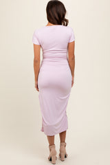 Lavender Boat Neck Side Ruched Waist Tie Maternity Midi Dress