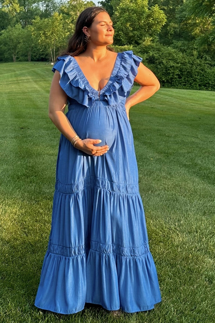Blue Layered Ruffle Tiered Maternity Maxi Dress
