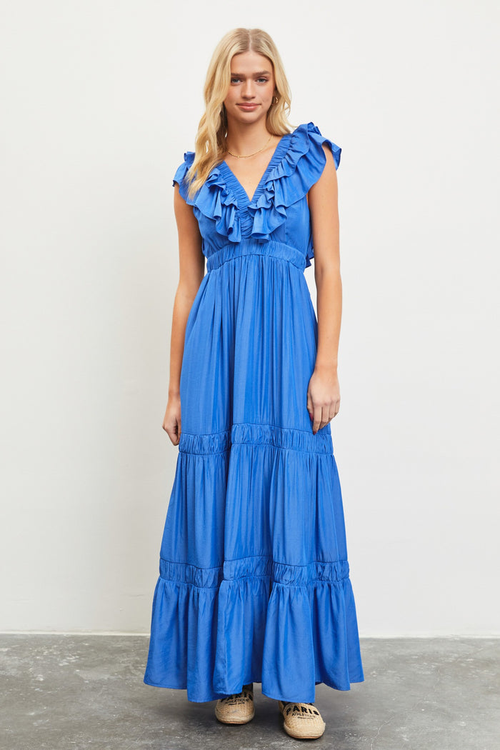 Blue Layered Ruffle Tiered Maternity Maxi Dress
