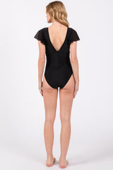 Black Crochet Detail Ruched One Piece Swimsuit