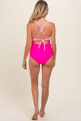 Pink Color Block Wrap Front Cutout Maternity One Piece Swimsuit