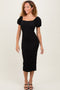 Black Textured Square Neck Puff Sleeve Midi Dress