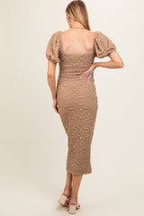 Taupe Textured Square Neck Puff Sleeve Maternity Midi Dress