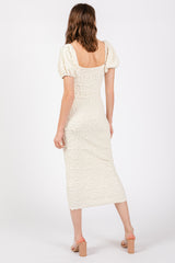 Ivory Textured Square Neck Puff Sleeve Midi Dress