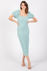 Mint Textured Square Neck Puff Sleeve Maternity Midi Dress