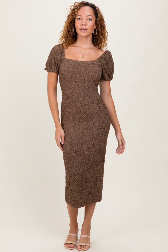 Brown Popcorn Textured Short Puff Sleeve Midi Dress
