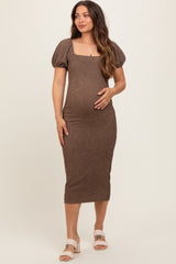 Brown Popcorn Textured Short Puff Sleeve Maternity Midi Dress
