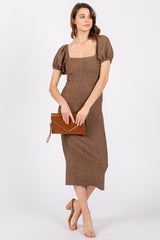 Brown Popcorn Textured Short Puff Sleeve Midi Dress