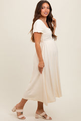 Ivory Puff Sleeve Linen Maternity Midi Dress