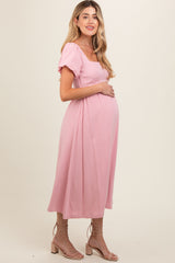 Pink Puff Sleeve Linen Maternity Midi Dress