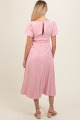 Pink Puff Sleeve Linen Maternity Midi Dress