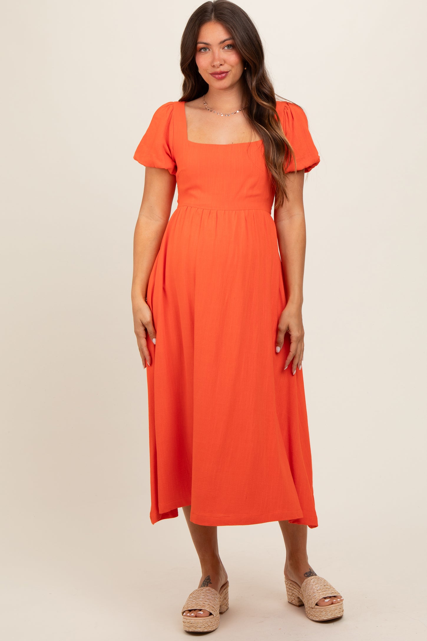 Coral Puff Sleeve Linen Maternity Midi Dress