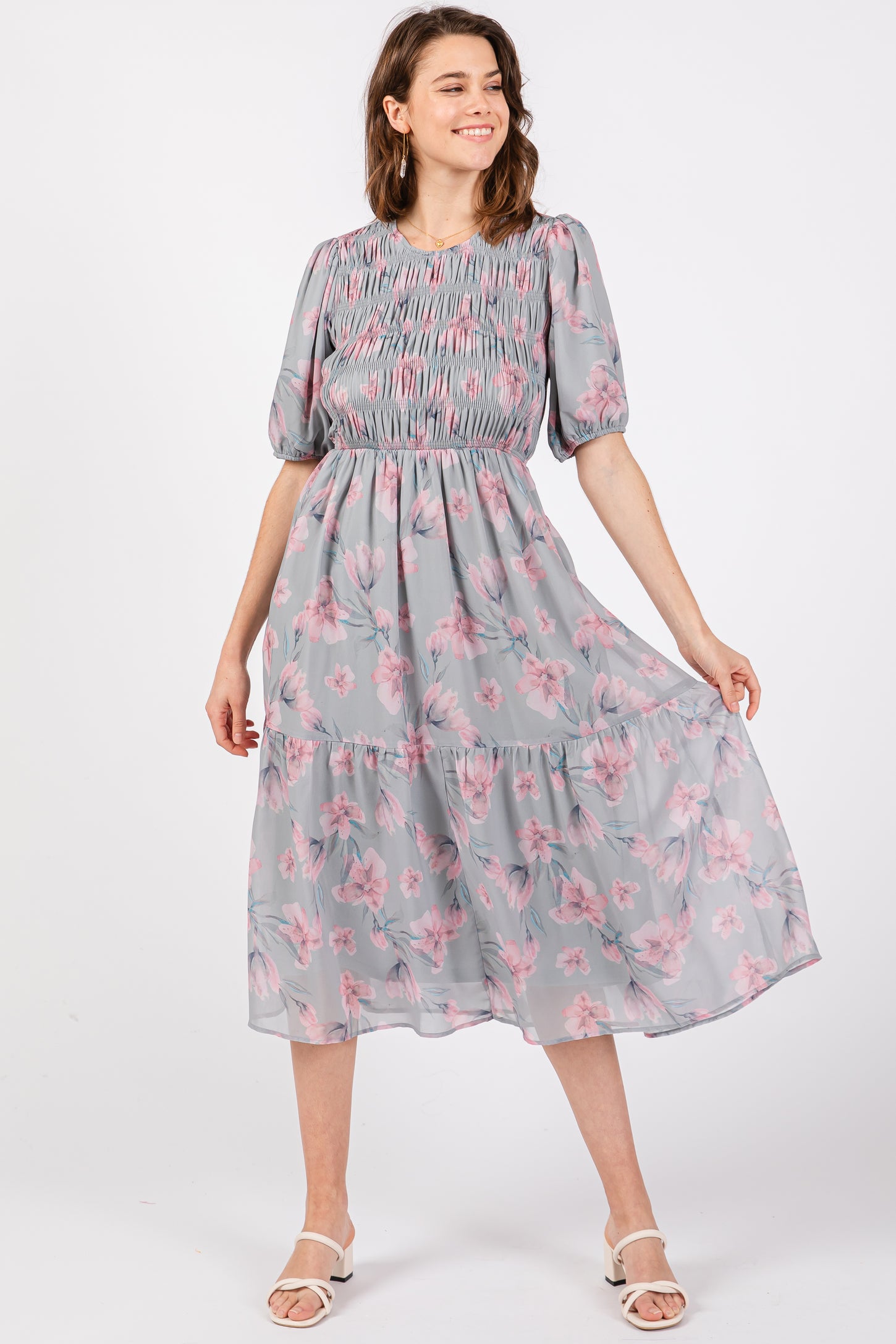 Grey Floral Smocked Ruffle Hem Maternity Midi Dress
