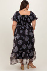 Black Floral Organza Square Neck Plus Midi Dress