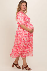 Fuchsia Watercolor Floral Maternity Plus Midi Dress