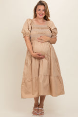 Taupe Smocked Square Neck Tiered Maternity Plus Midi Dress