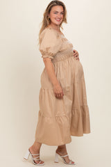 Taupe Smocked Square Neck Tiered Maternity Plus Midi Dress