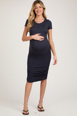 Navy Ruched Fitted Maternity Dress