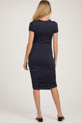 Navy Ruched Fitted Maternity Dress