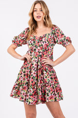 Red Multi-Color Floral Puff Sleeve Ruffle Hem Dress