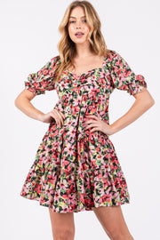 Red Multi-Color Floral Puff Sleeve Ruffle Hem Dress