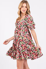 Red Multi-Color Floral Puff Sleeve Ruffle Hem Dress