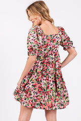 Red Multi-Color Floral Puff Sleeve Ruffle Hem Dress