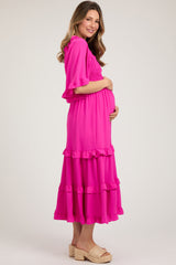 Fuchsia Smocked Ruffle Tiered Maternity Midi Dress